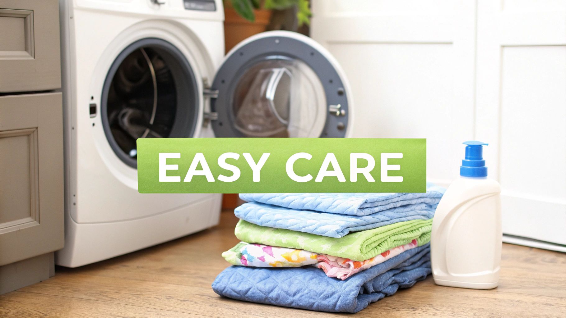 A neat stack of clean, folded washable dog diapers next to a washing machine