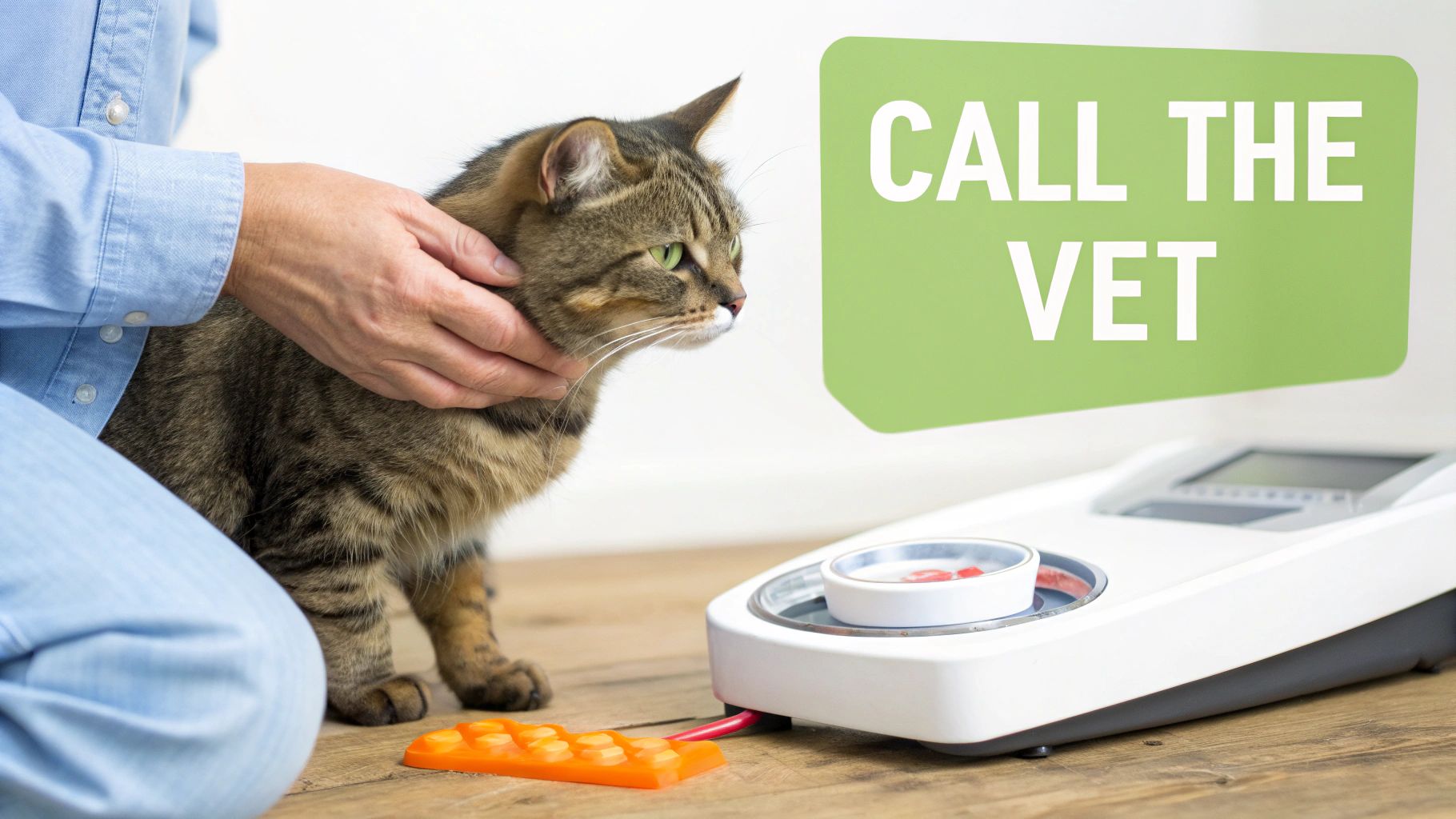 A person gently pets a tabby cat, with a 'CALL THE VET' sign and medical equipment nearby.