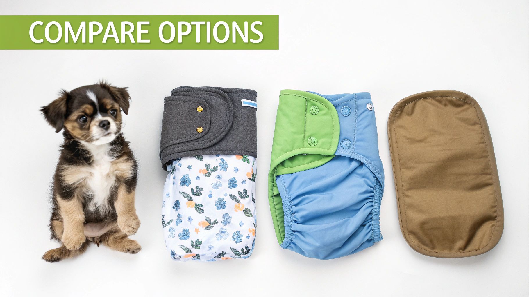 A small, fluffy puppy sits next to two different dog diaper options and an absorbent insert.