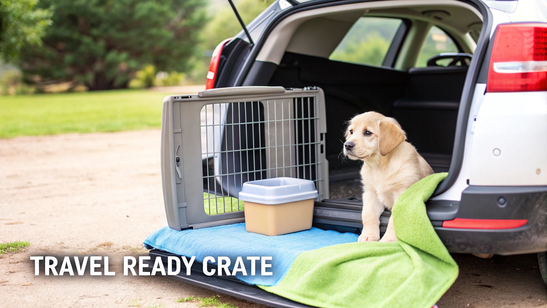 Adorable golden retriever puppy in a car trunk with a travel crate and blanket, prepared for travel.