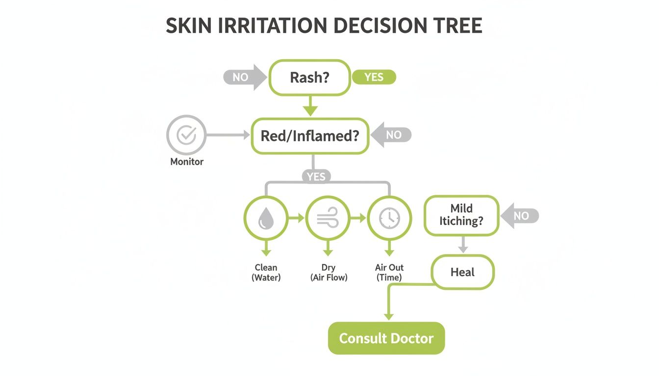 A flowchart titled "Skin Irritation Decision Tree" outlines steps for dealing with skin rash, redness, inflammation, and itching.