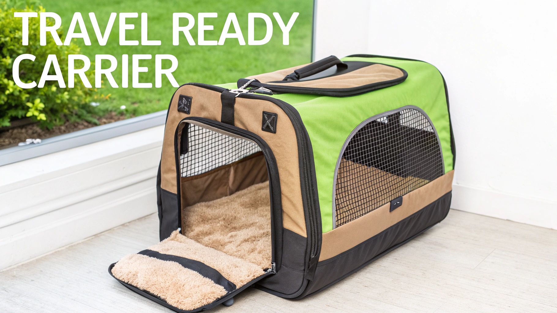 A cat resting comfortably inside a well-ventilated, soft-sided pet carrier.