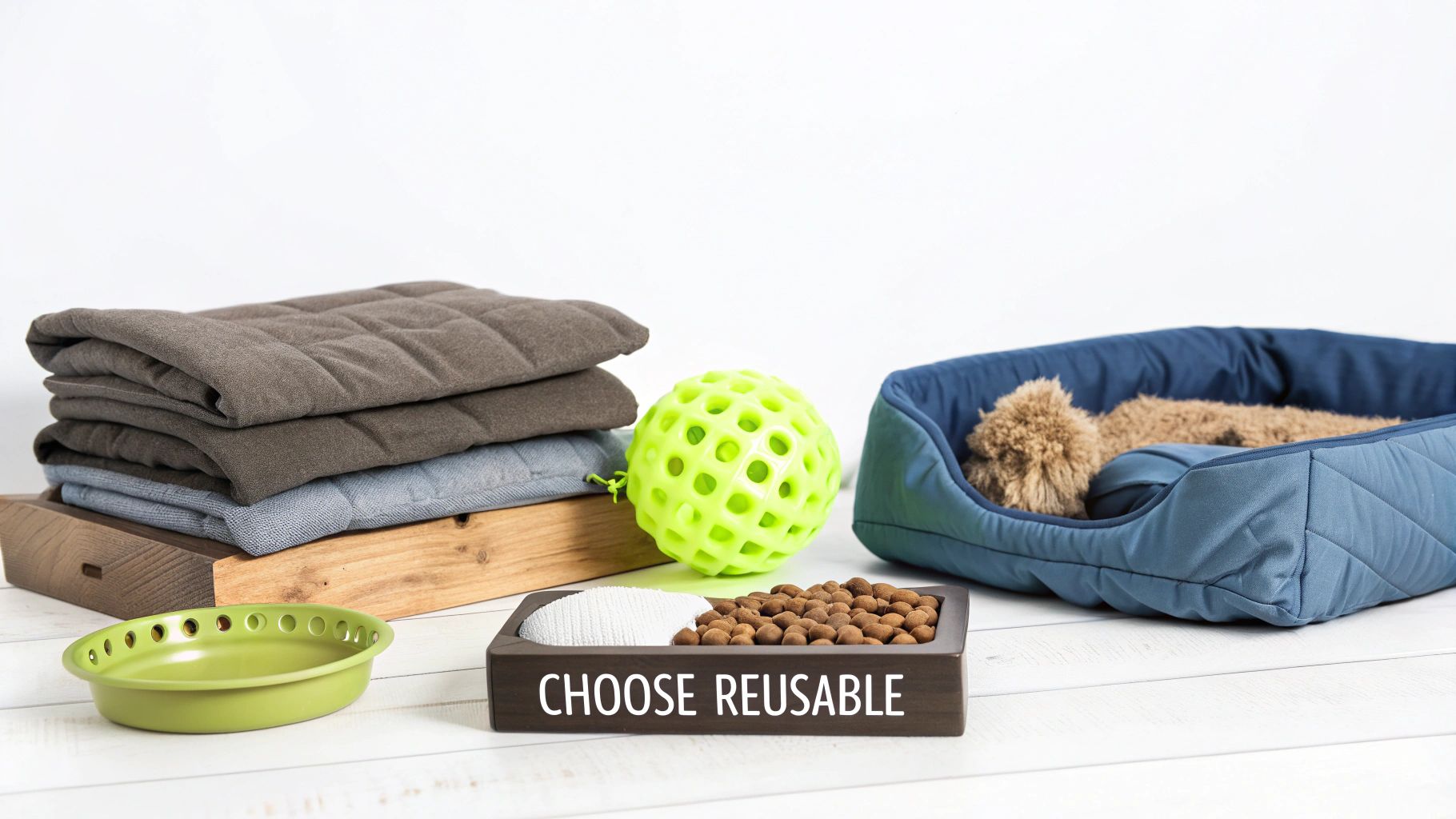 Eco-friendly pet supplies including blankets, a green toy, food bowls, and a sleeping puppy in a blue bed.