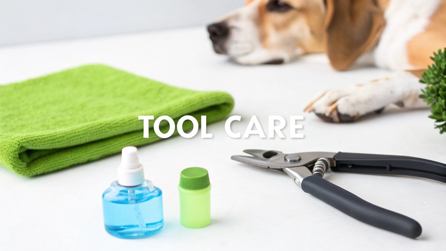 A person sharpening the blade of a dog nail cutter with a sharpening tool.