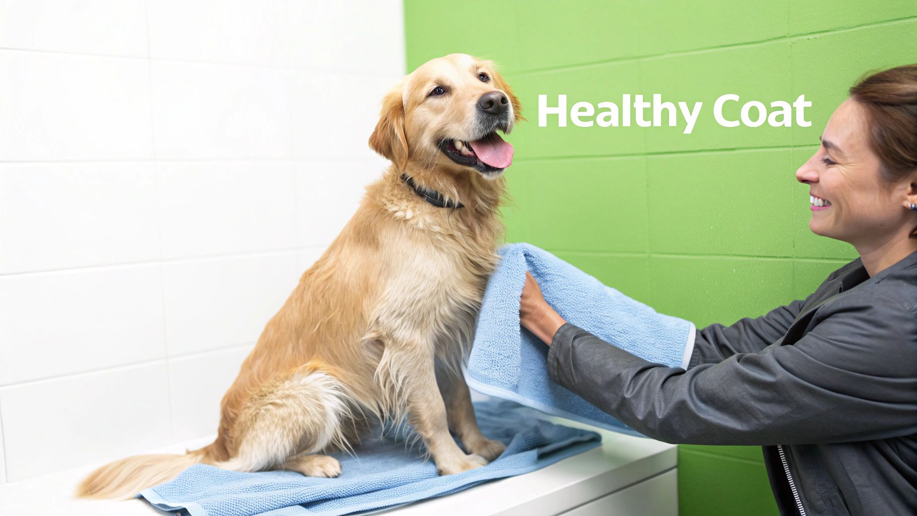 A smiling woman gently dries a happy golden retriever with a blue towel after a bath.