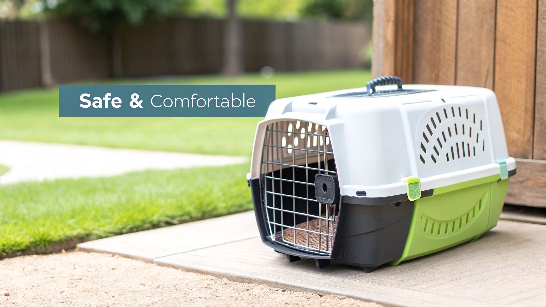 A small dog rests comfortably inside a well-ventilated pet carrier on a wooden floor.