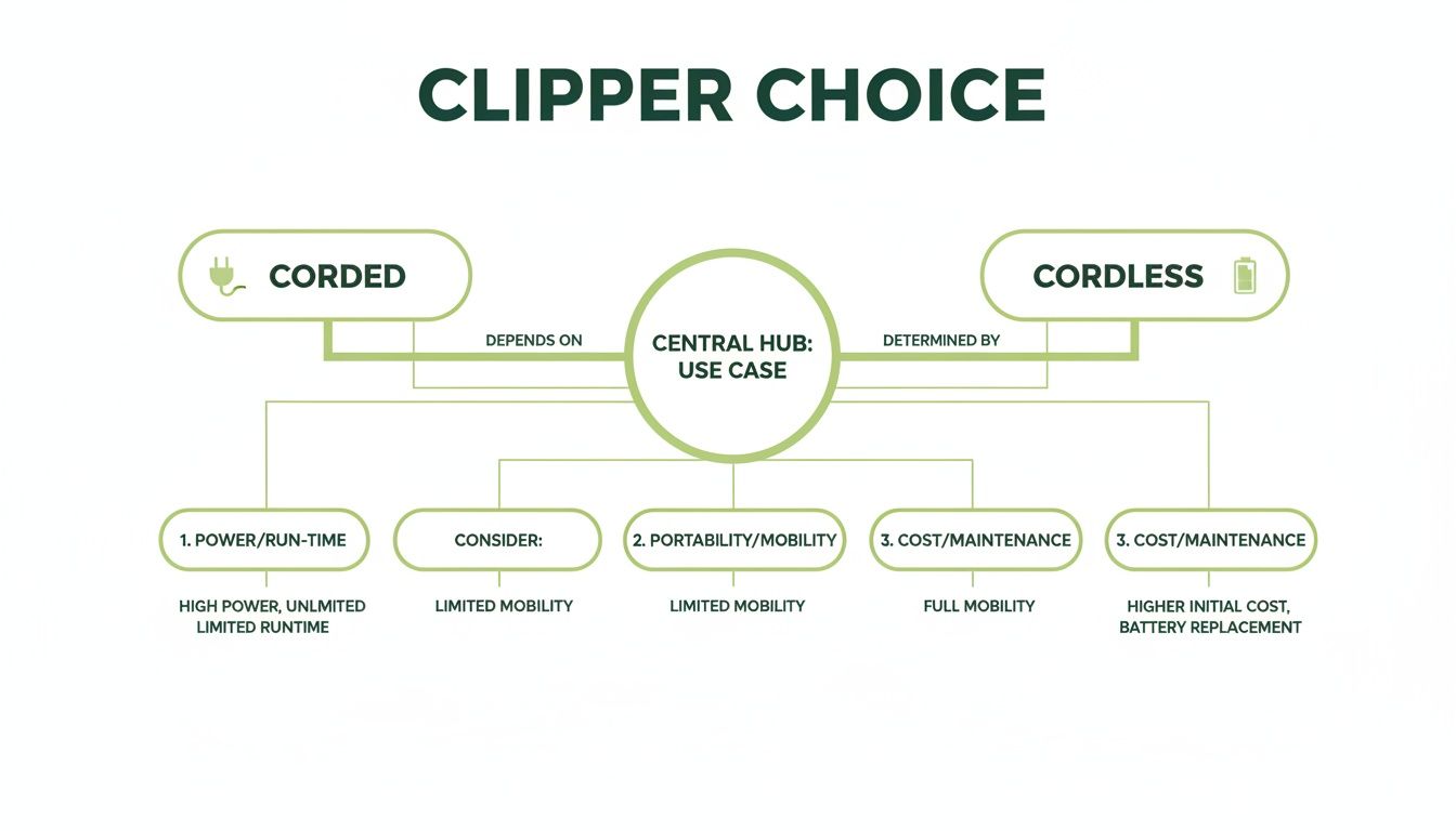 A flowchart titled 'Clipper Choice' comparing corded and cordless clippers based on use case, power, portability, and cost.