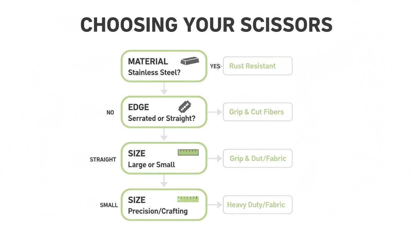 Flowchart illustrating how to choose scissors based on material, edge, and size, with their specific uses.