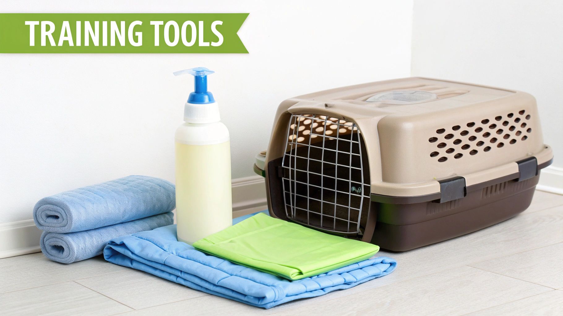Pet training tools including a travel crate, cleaning bottle, blue towels, and green potty pads.