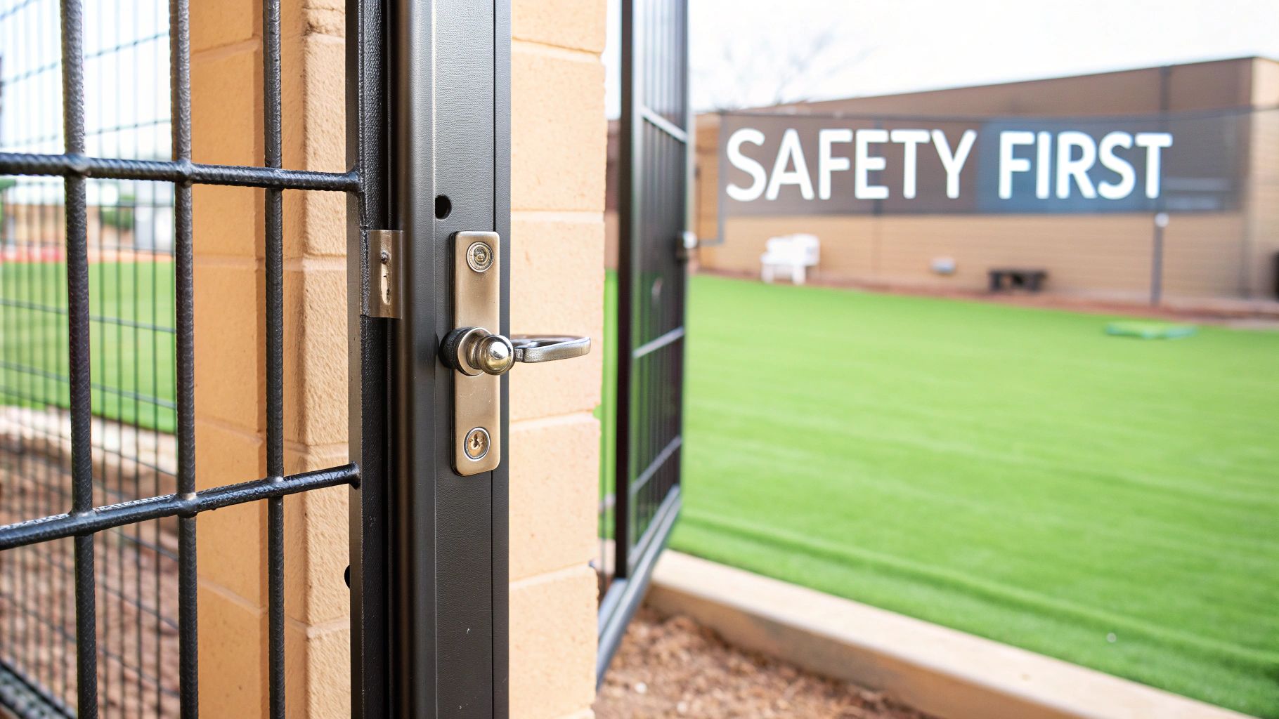 An open black metal gate with a handle leads to a green turf area with a "SAFETY FIRST" sign.