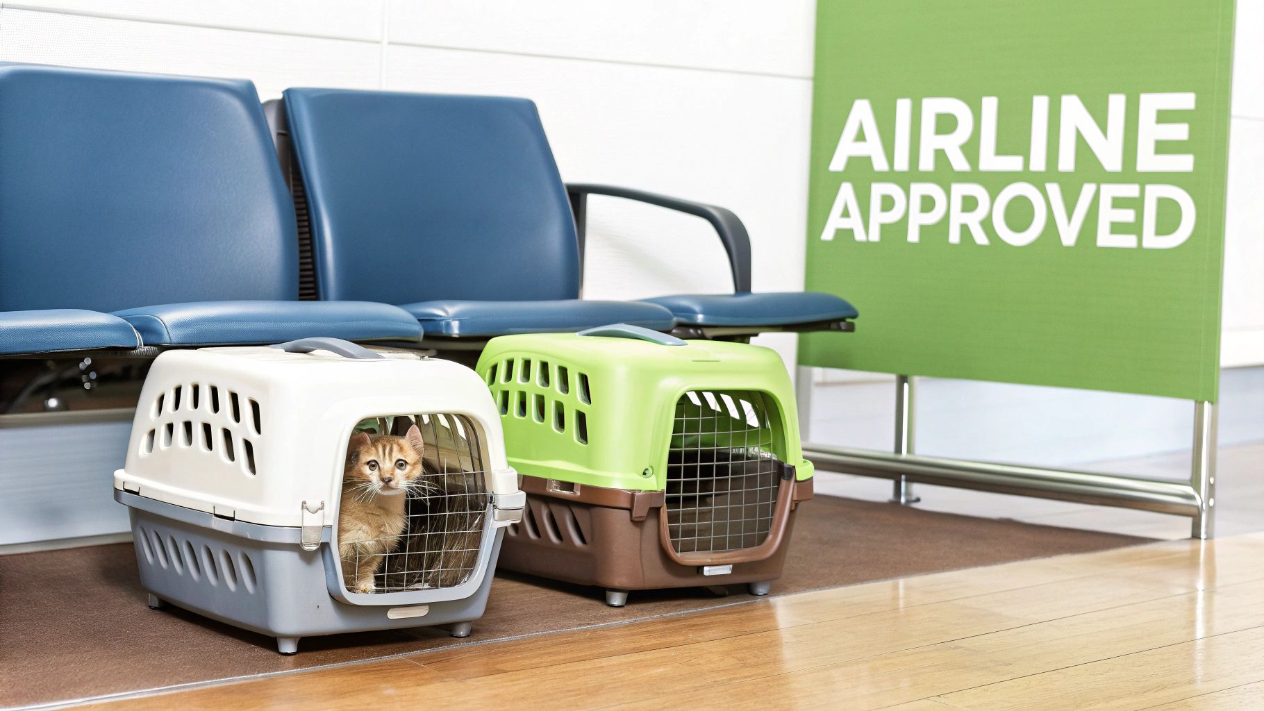 A small dog peeking out of a soft-sided, airline-approved pet carrier at an airport terminal.