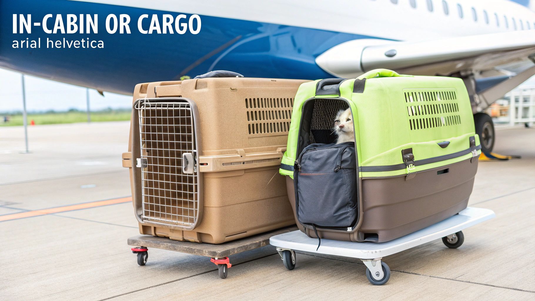 A light brown hard-sided pet carrier and a green and brown carrier with a cat inside, on dollies at an airport.