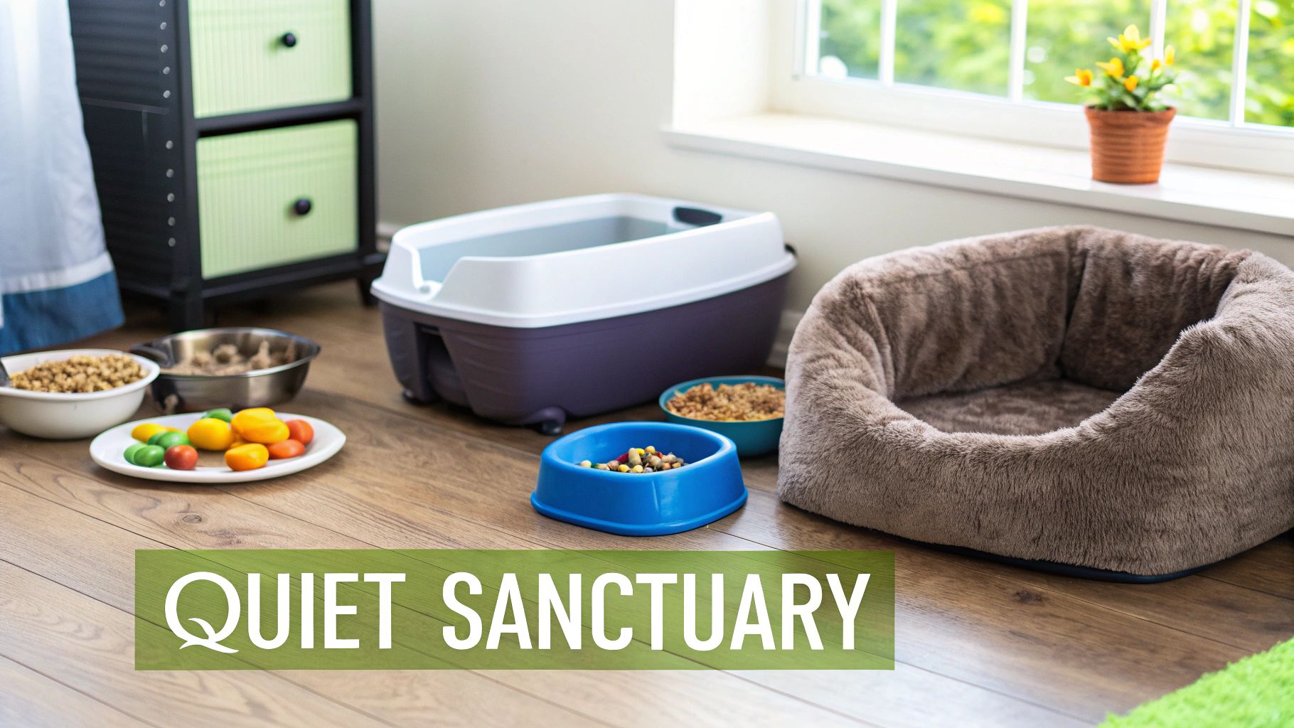 A quiet sanctuary for pets featuring a plush bed, various food bowls, and a modern litter box.