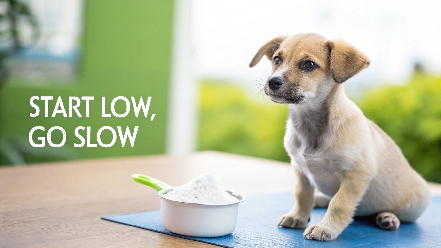 Adorable puppy sits next to a measuring cup of white powder on a blue mat, with text 'START LOW, GO SLSLOW'.