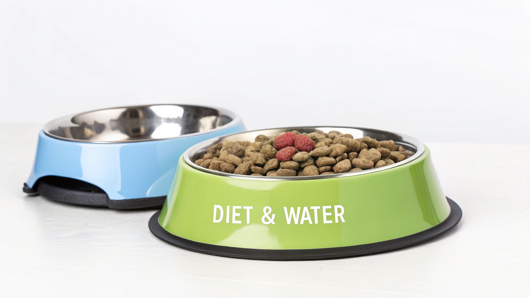 Two pet bowls, one blue and empty, one green with kibble and 'DIET & WATER' text on white.