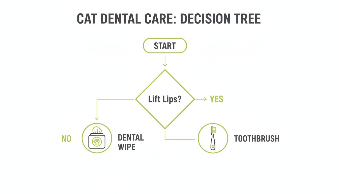 Decision tree flowchart for cat dental care, guiding whether to use a dental wipe or toothbrush.