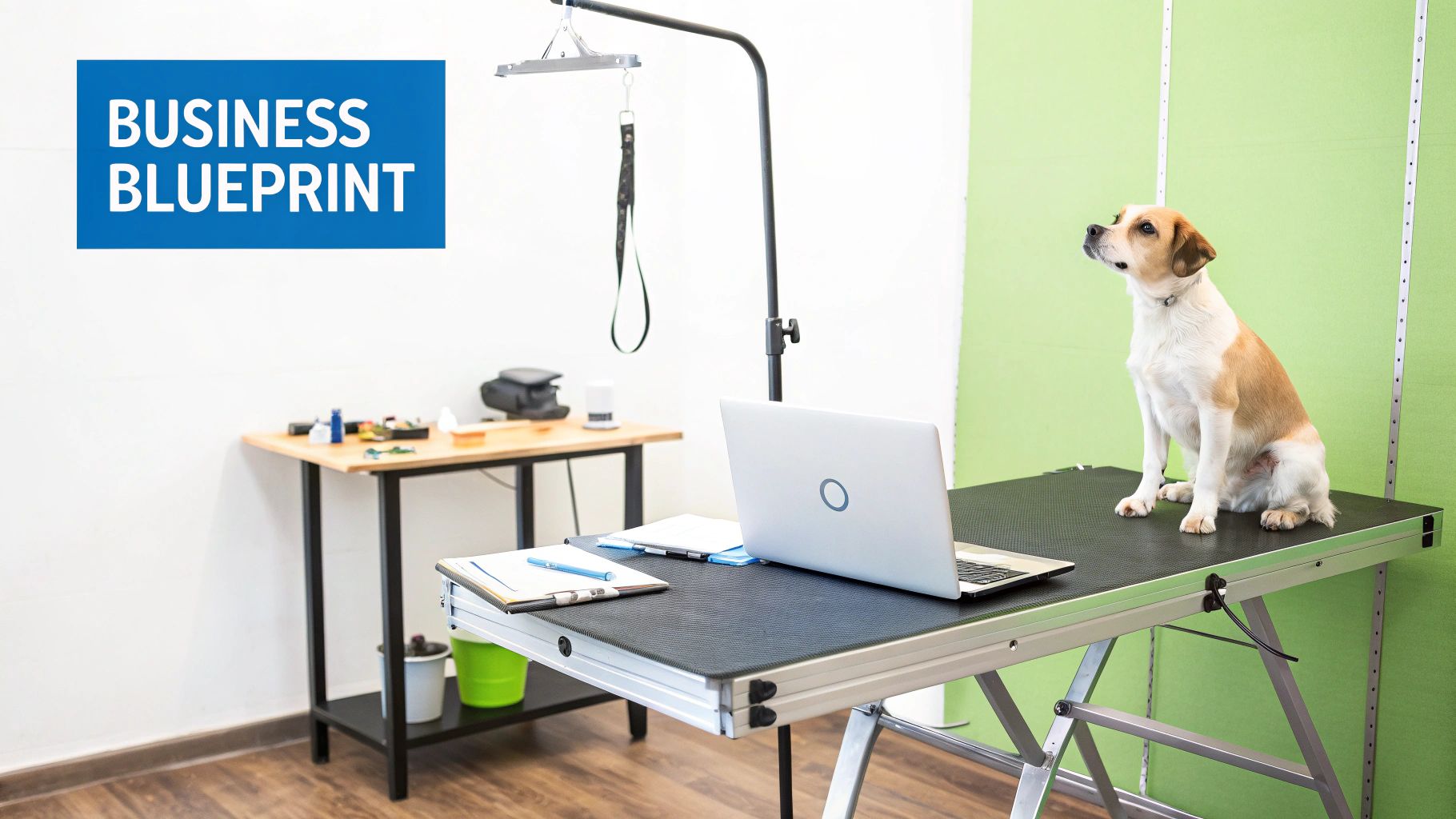 A dog sits on a grooming table next to a laptop and papers, with a "BUSINESS BLUEPRINT" sign.