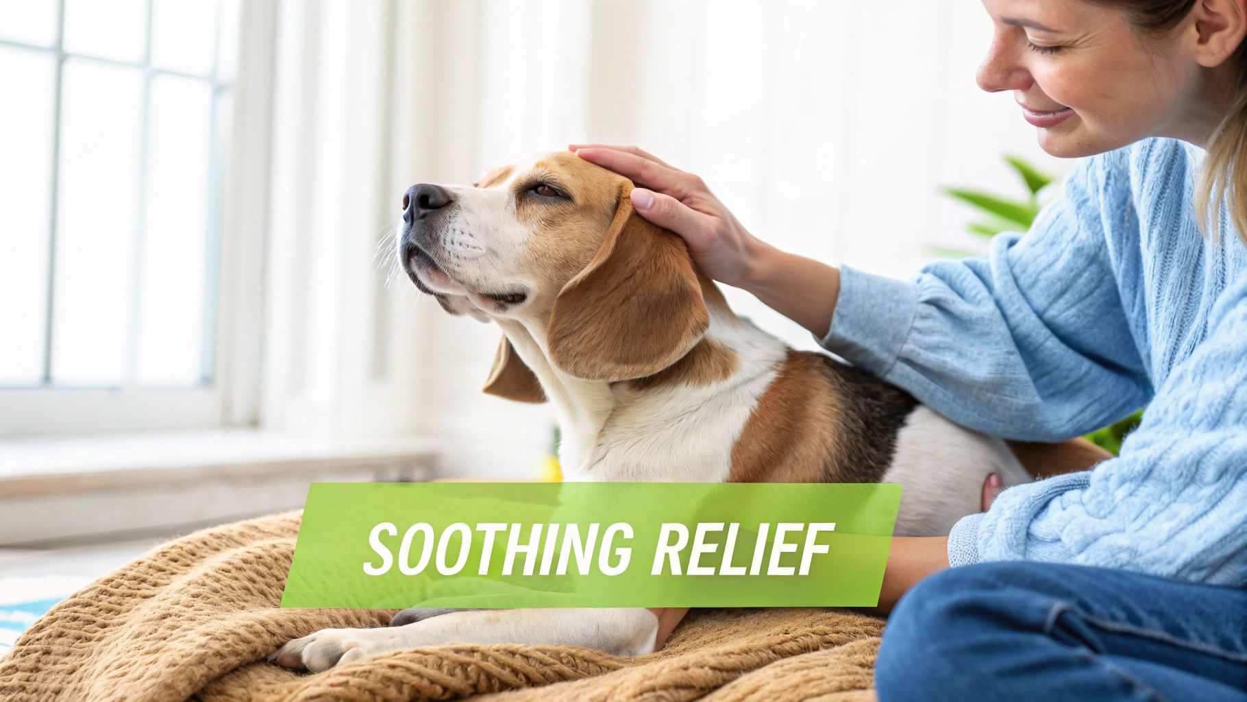 A woman gently pets a relaxed Beagle dog lying on a brown blanket, conveying soothing relief.