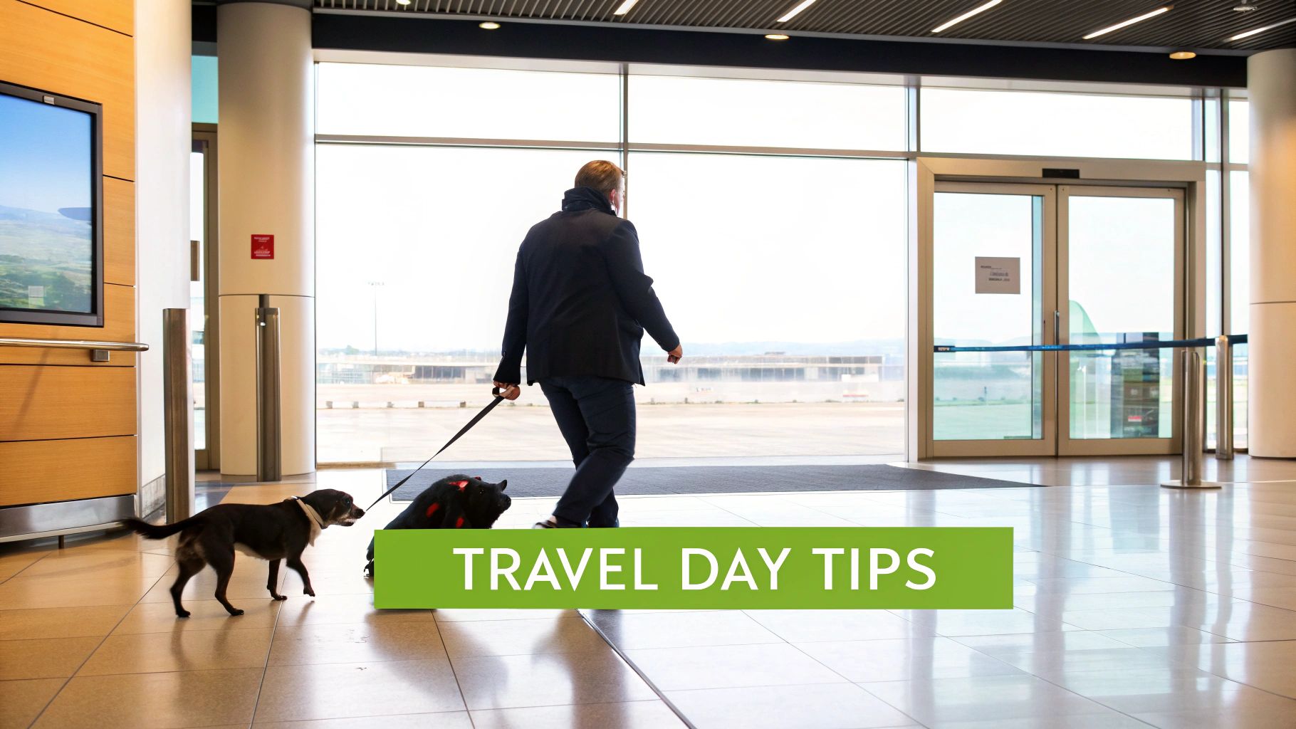 A woman holding a small dog in a pet carrier at an airport terminal.