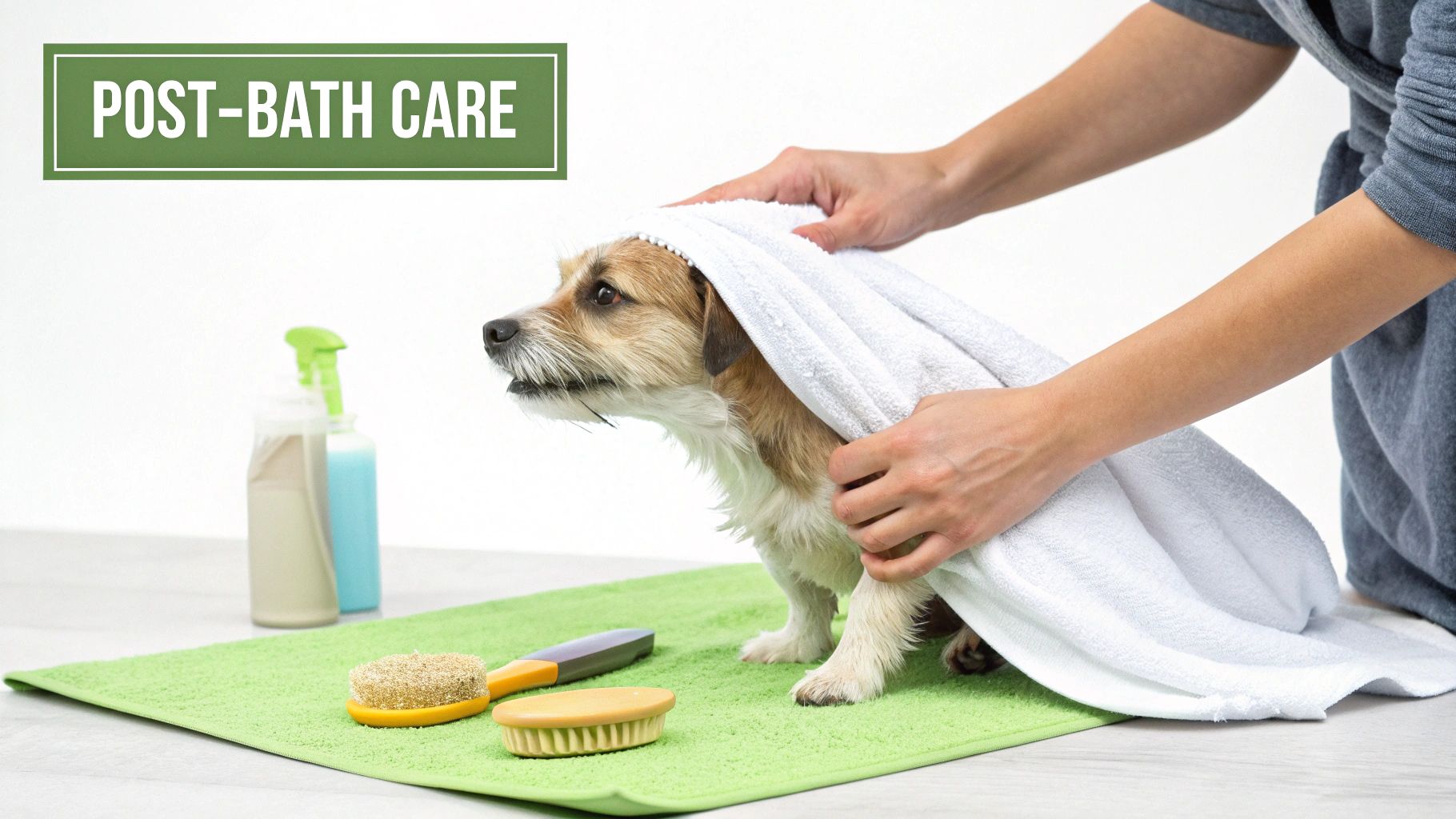 A person gently dries a small, scruffy terrier dog with a white towel after a bath.