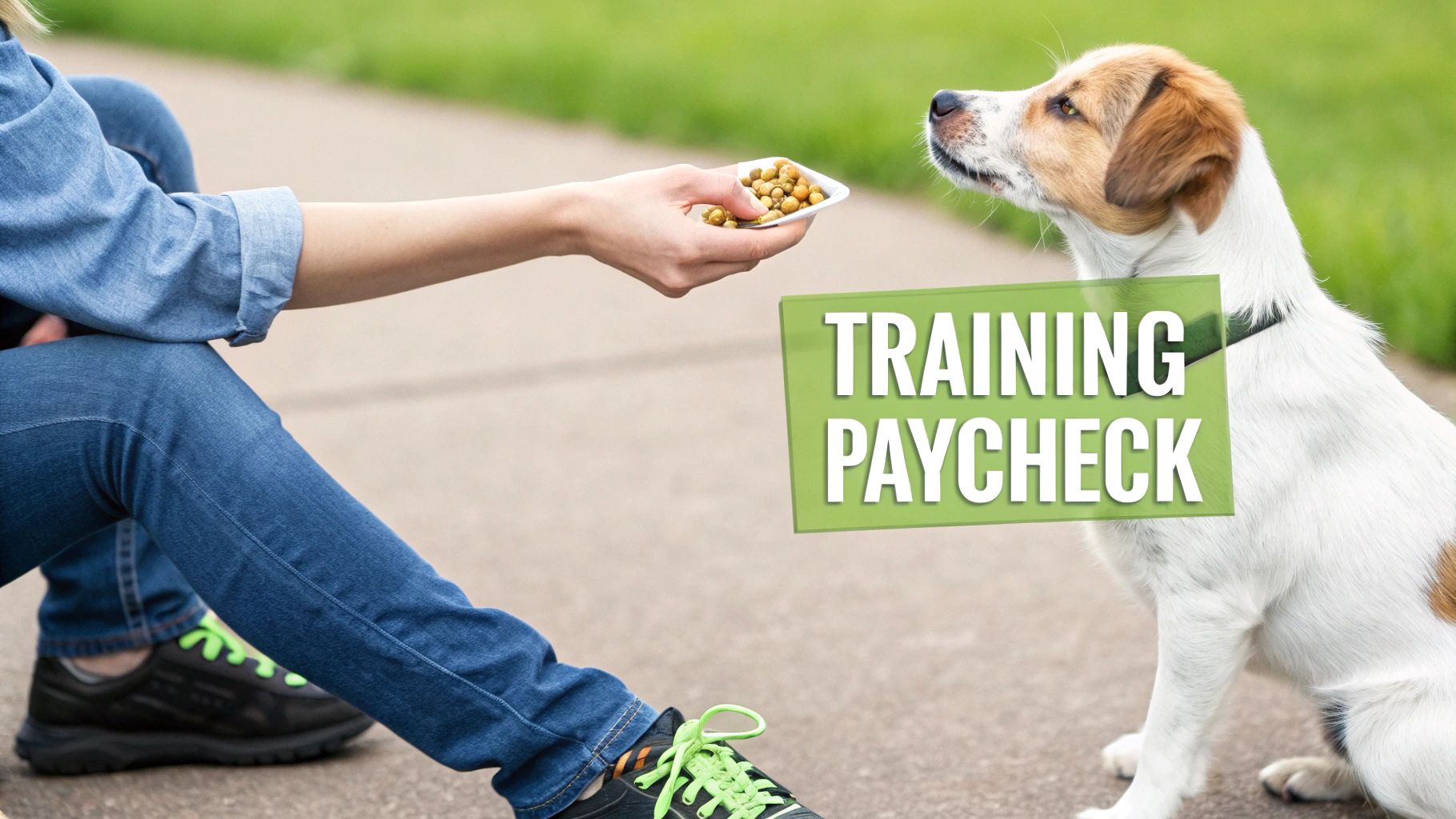 A person rewards a white and brown dog with treats during a training session.