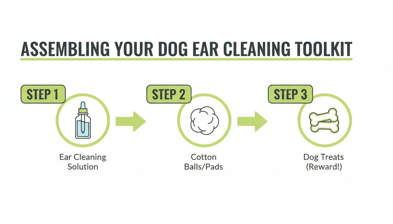 An infographic showing three steps to assemble a dog ear cleaning toolkit, including solution, cotton, and treats.