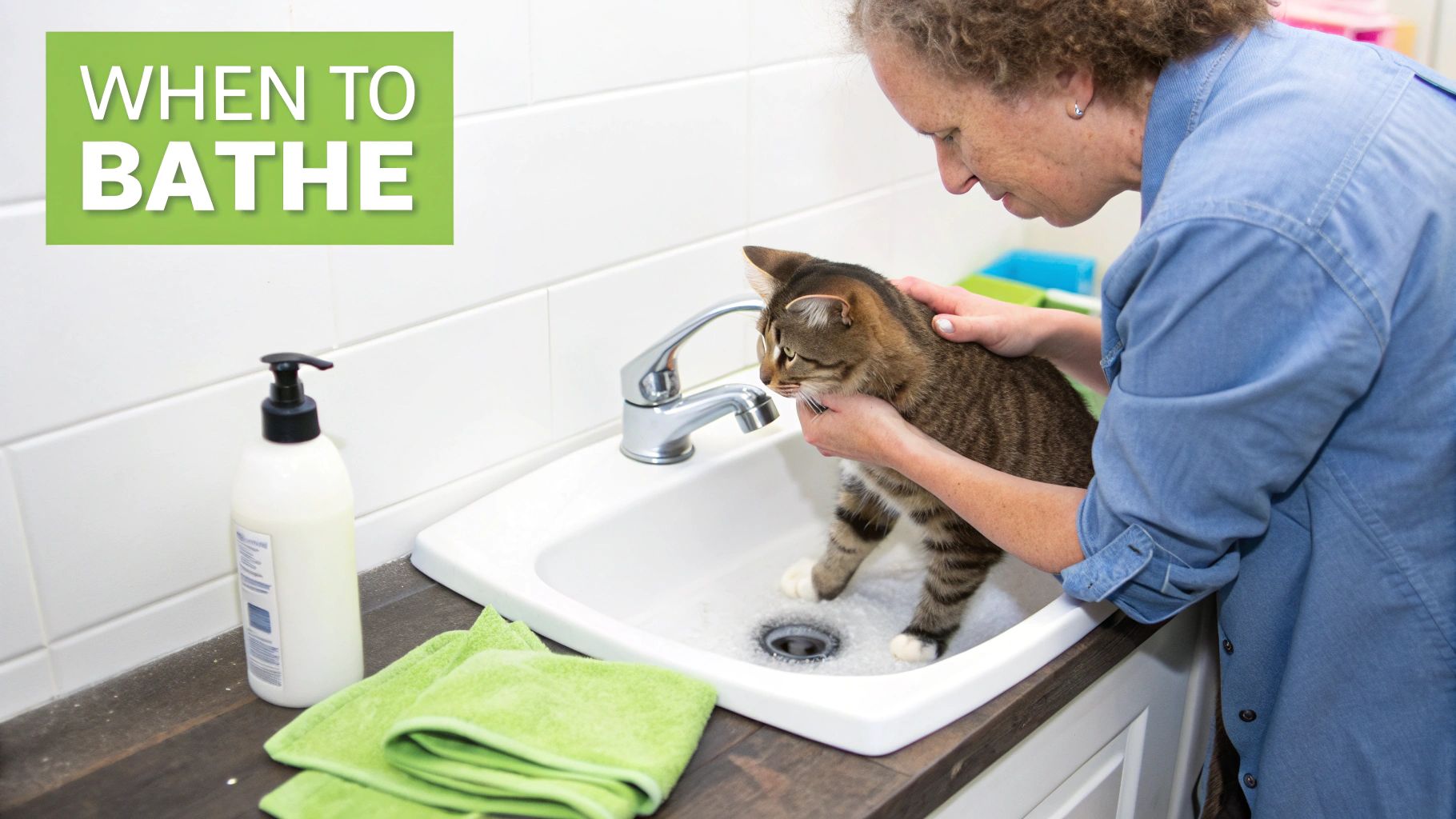 A woman gently bathes a tabby cat in a white sink, with soap and green towels nearby.