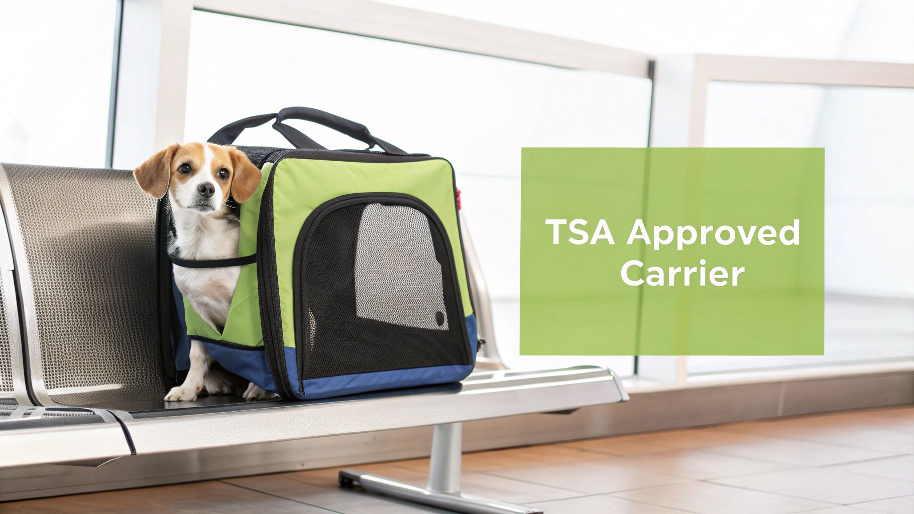 A small dog peeks from a green and blue TSA-approved pet carrier on an airport bench.