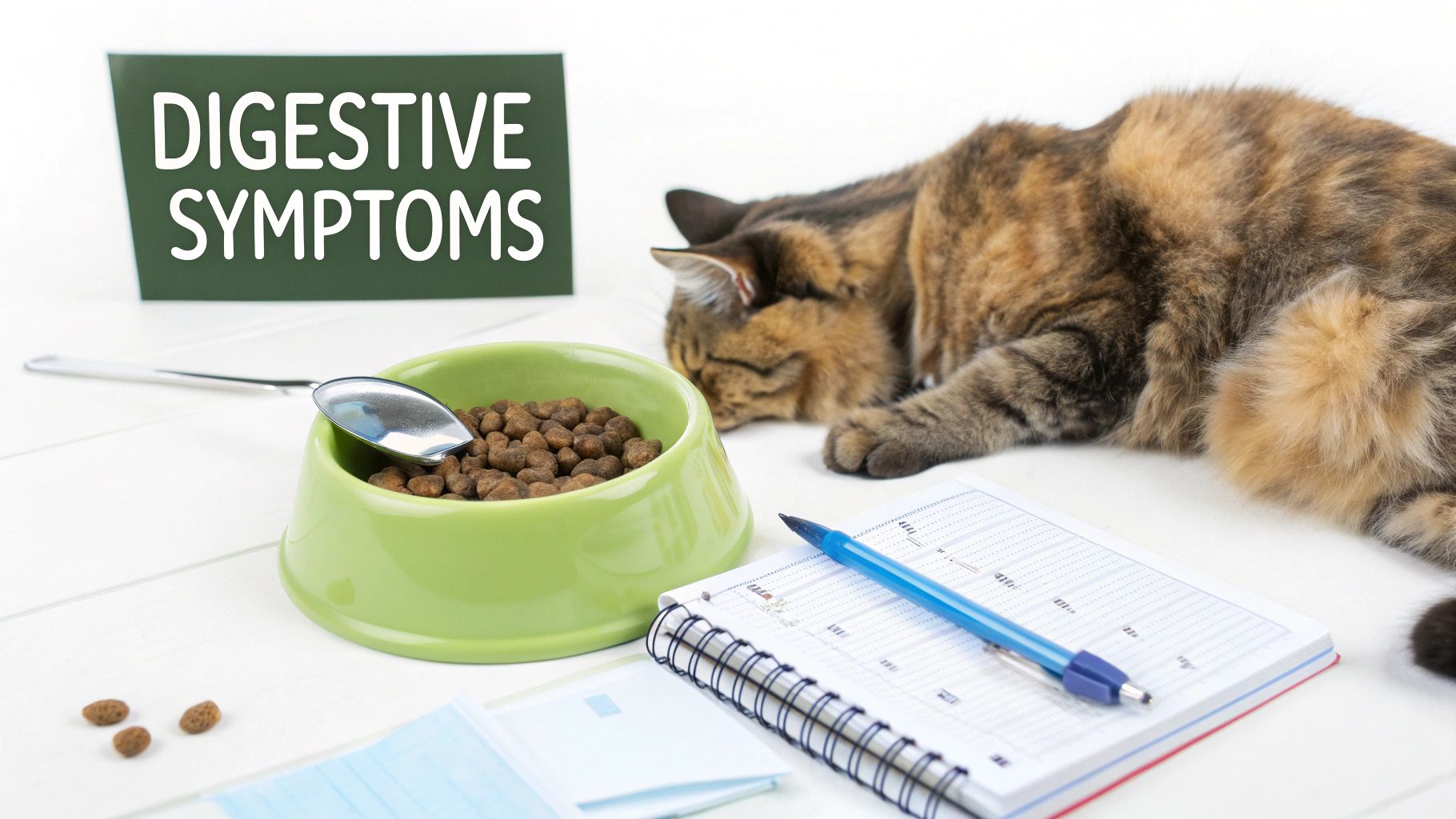 A sleeping tabby cat next to a bowl of uneaten food and a sign reading 'DIGESTIVE SYMPTOMS'.