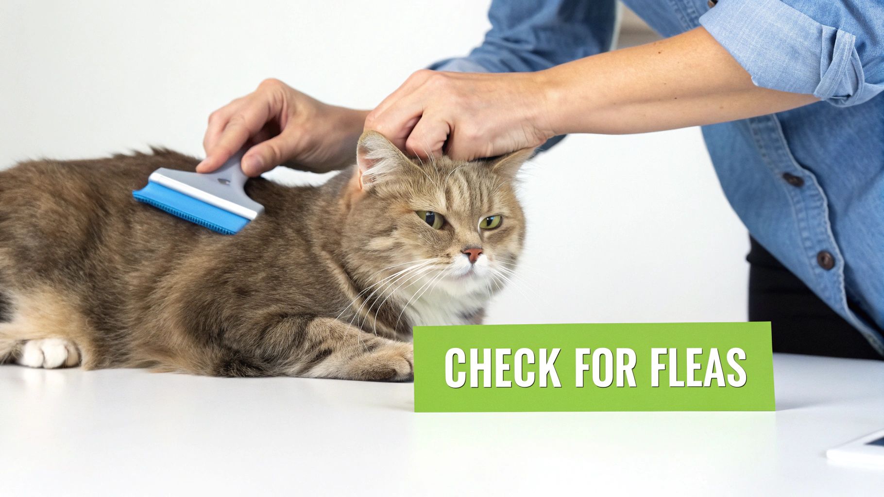 A person is brushing a tabby cat while another hand pets its head, with a 'Check for Fleas' sign.