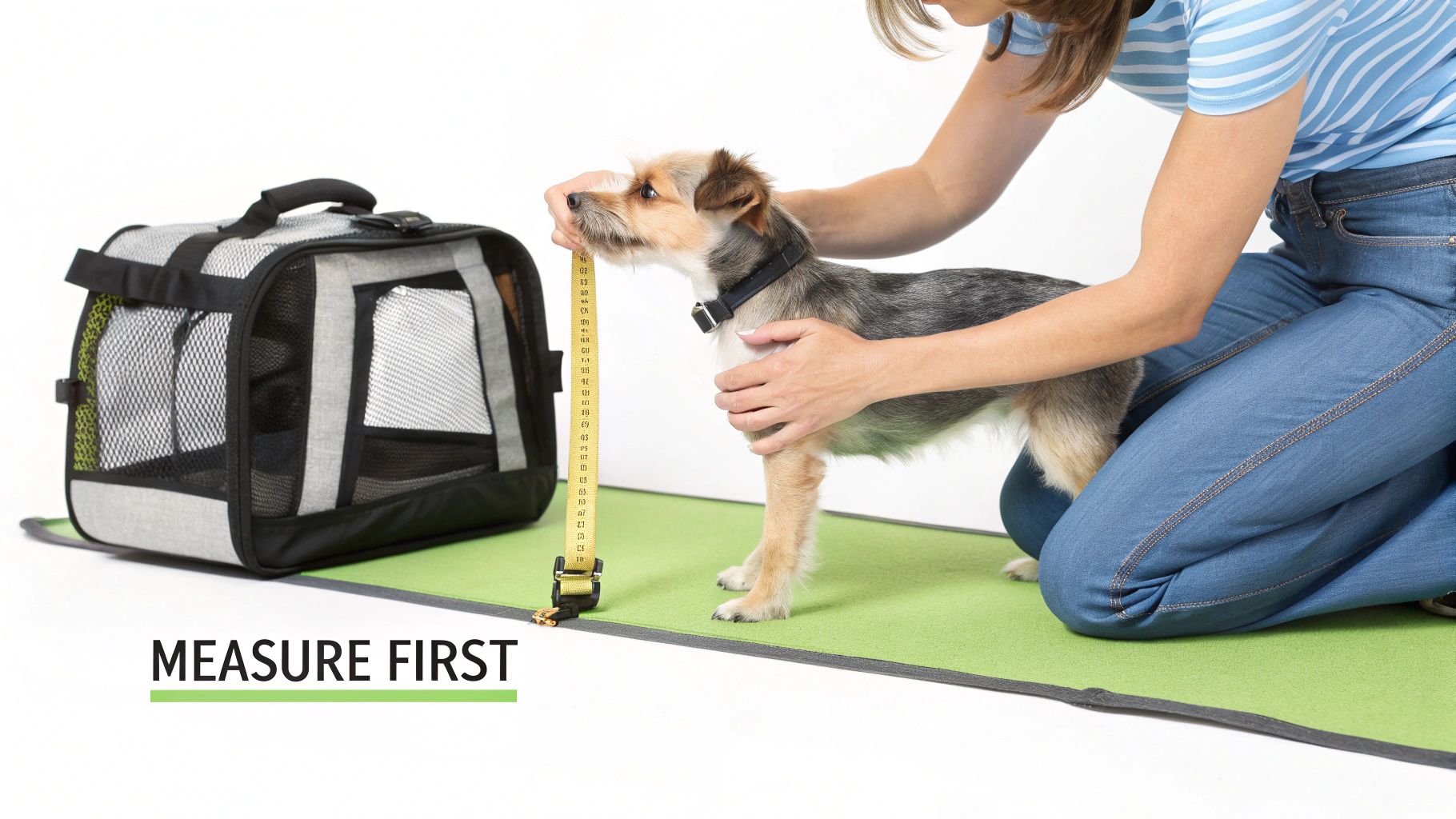 A woman measures a small dog's height with a tape measure next to an airline approved pet carrier.