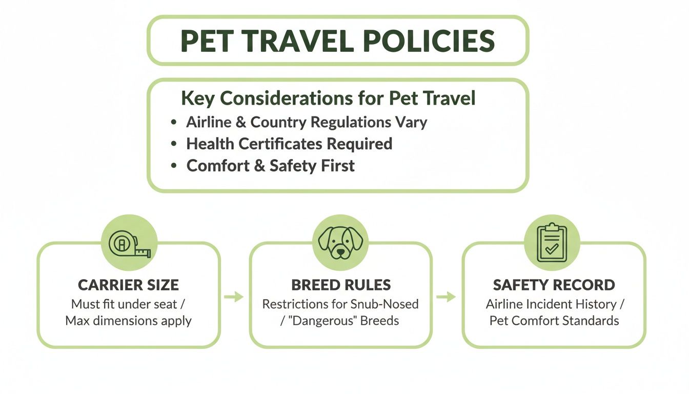 A diagram outlining pet travel policies, including carrier size, breed rules, and safety records for airlines.