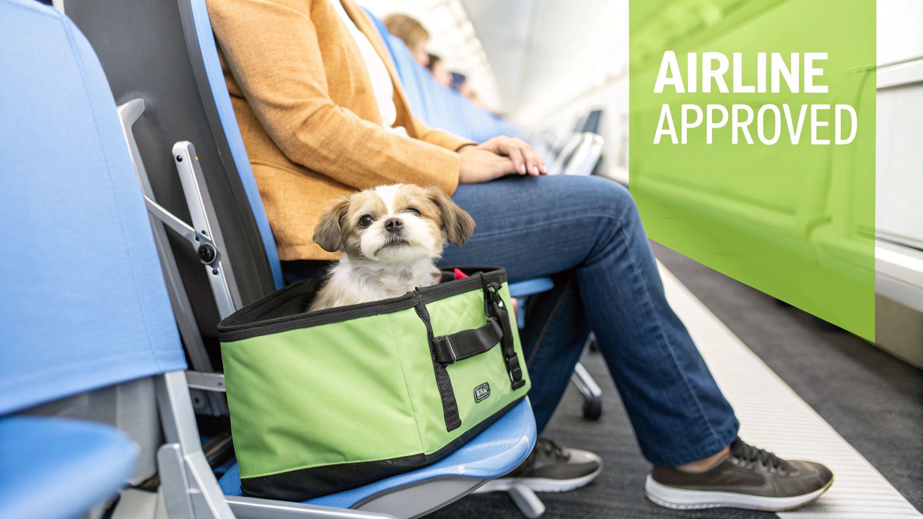 A small dog peeking out of a TSA-approved airline pet carrier at the airport.