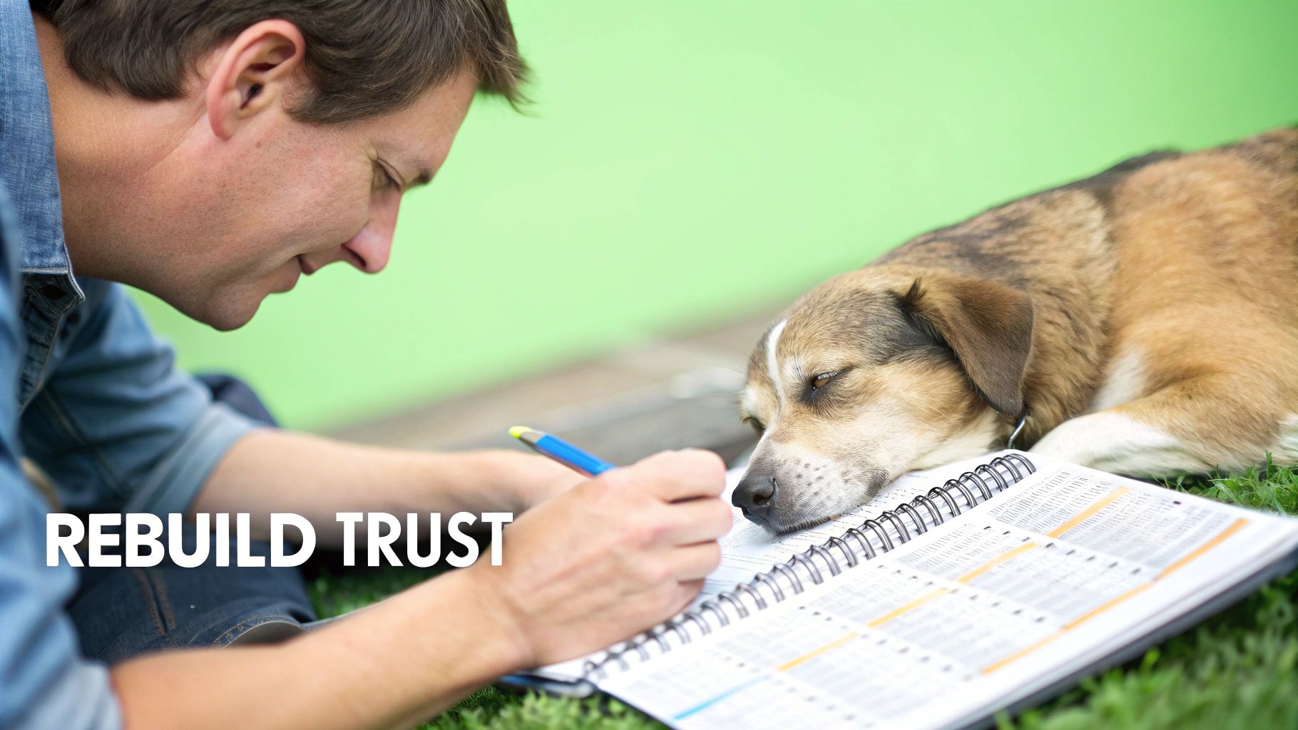 A man writing in a notebook next to a calm dog resting its head on the book, outdoors on grass.