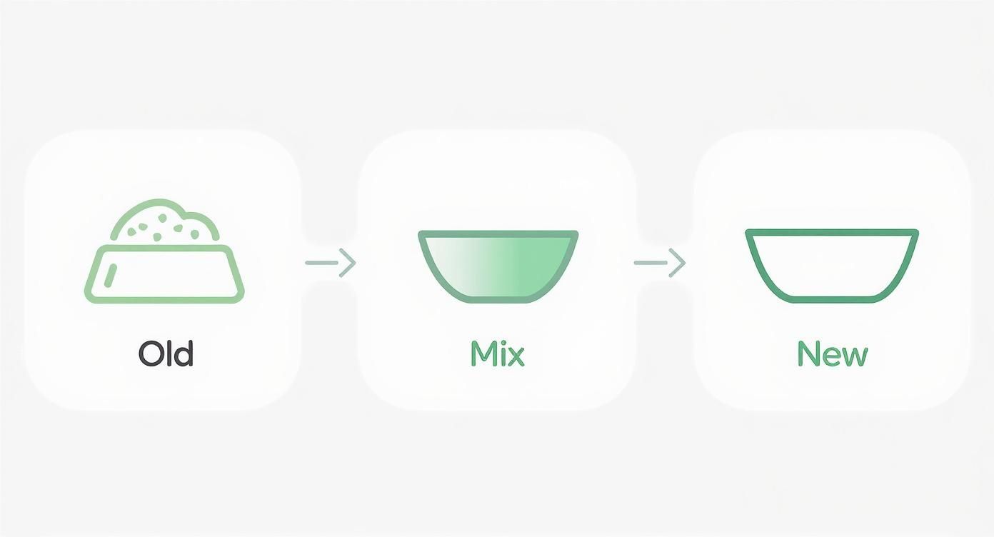 A visual guide depicting the gradual transition from old to new pet food in three steps.