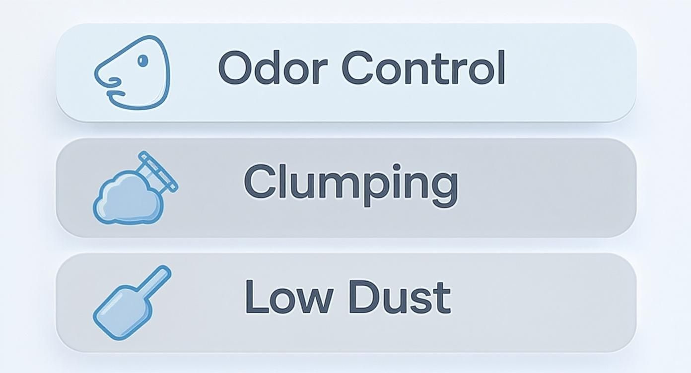 Three cat litter features displayed with icons: odor control, clumping ability, and low dust properties