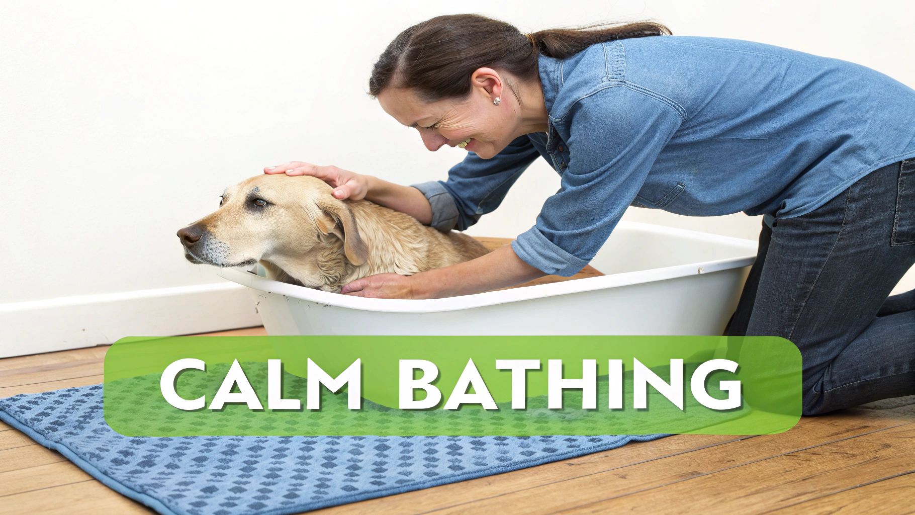A smiling woman gently bathes a calm golden retriever dog in a white tub on a wooden floor.
