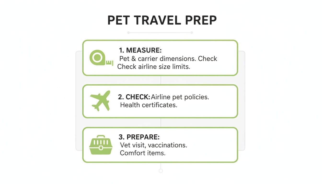A step-by-step guide for pet travel preparation, outlining measuring, checking airline policies, and preparing comfort items.