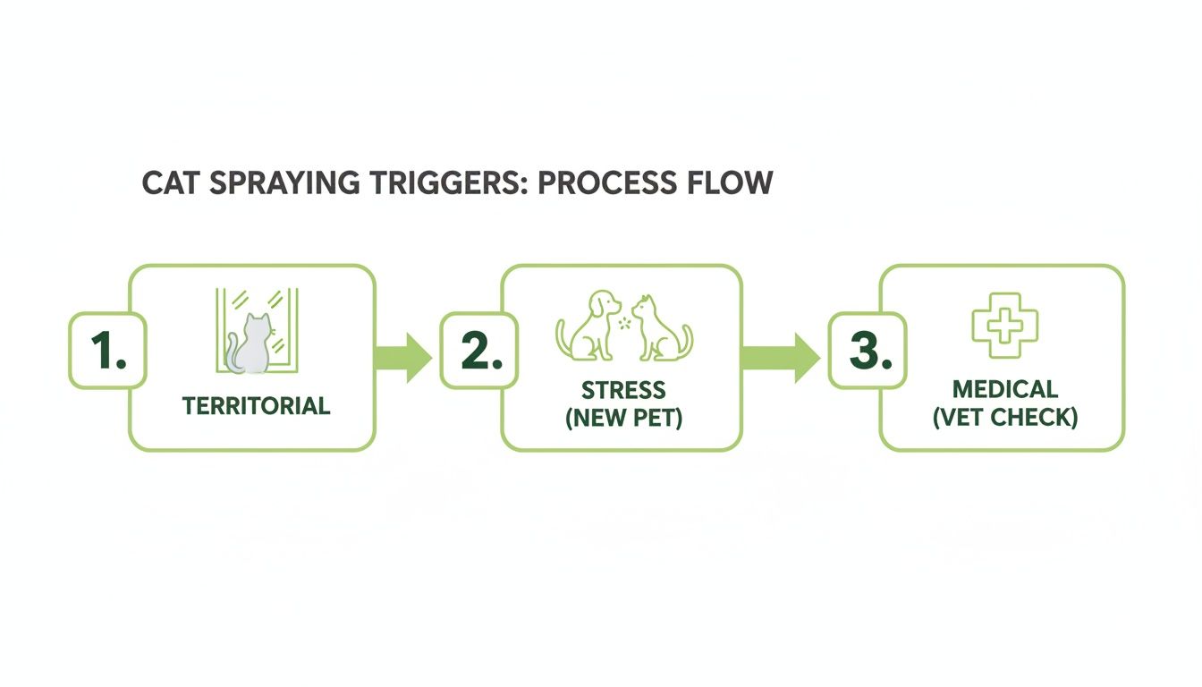 A process flow chart illustrating cat spraying triggers: territorial, stress (new pet), and medical.
