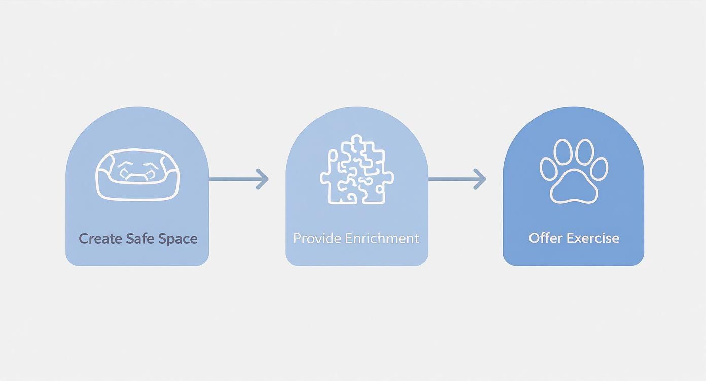 A three-step visual guide for dog care: create a safe space, provide enrichment, and offer exercise.