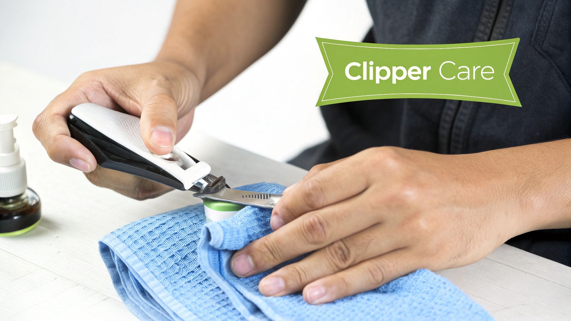 Hands cleaning clipper blades with a blue towel and lubricant, demonstrating proper clipper care.