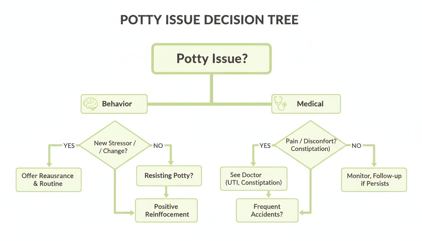 A flowchart detailing a potty issue decision tree, separating behavior and medical causes and solutions.