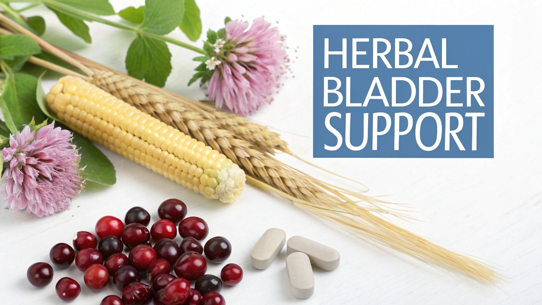 Natural ingredients: corn, wheat, cranberries, red clover, and pills, with text 'HERBAL BLADDER SUPPORT'.
