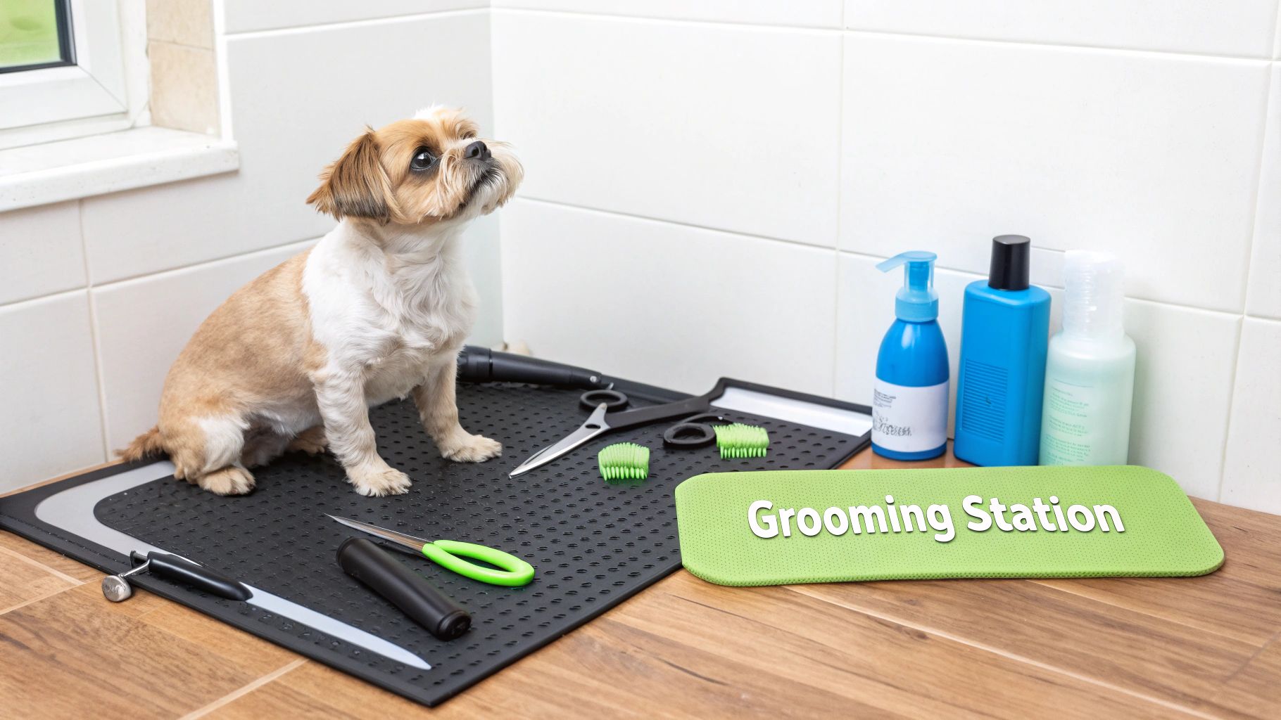 A cute Shih Tzu dog sits patiently on a black grooming mat, surrounded by various pet grooming tools and products.