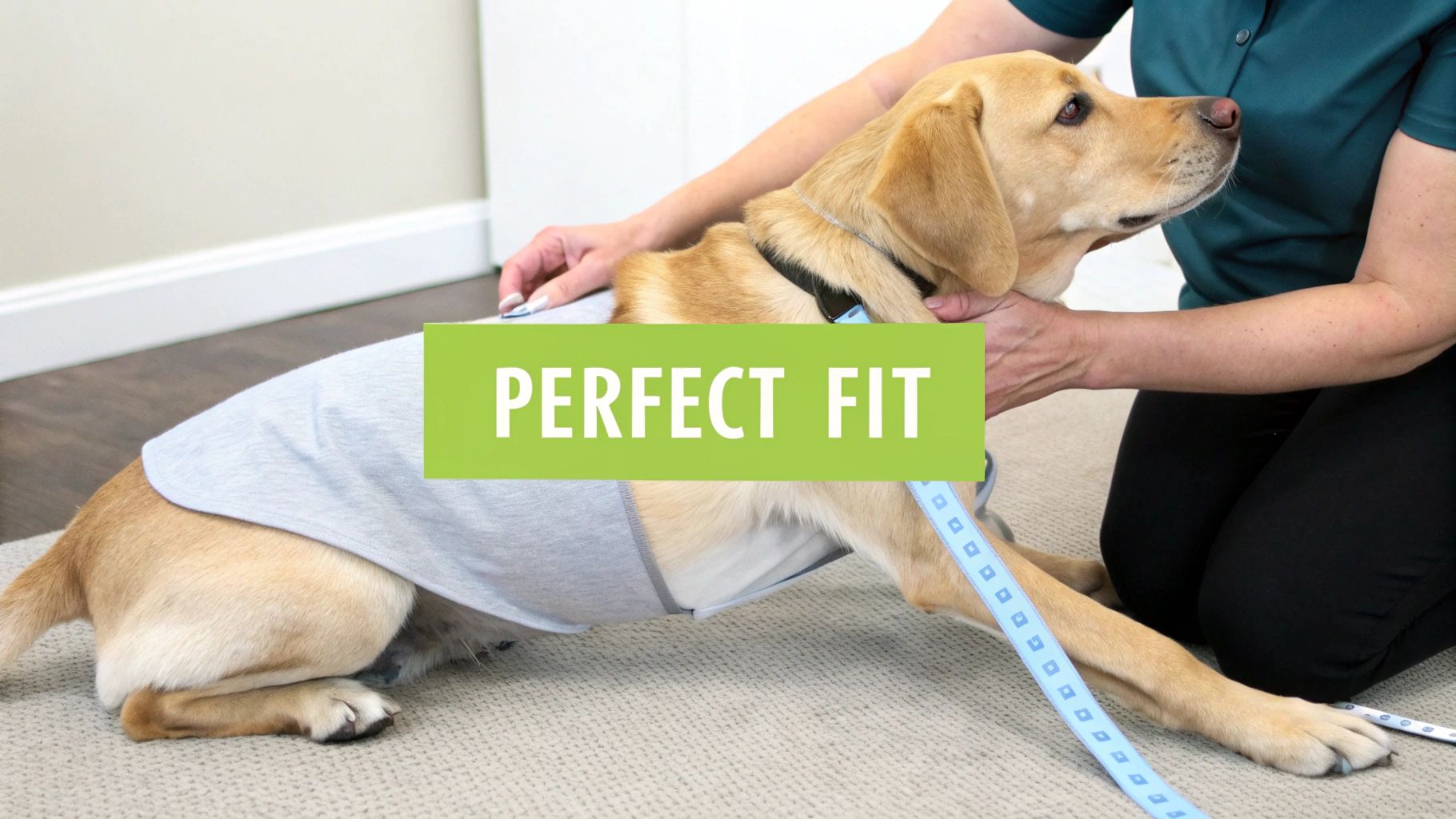 A person gently fits a light grey shirt onto a tan dog, emphasizing a 'PERFECT FIT'.