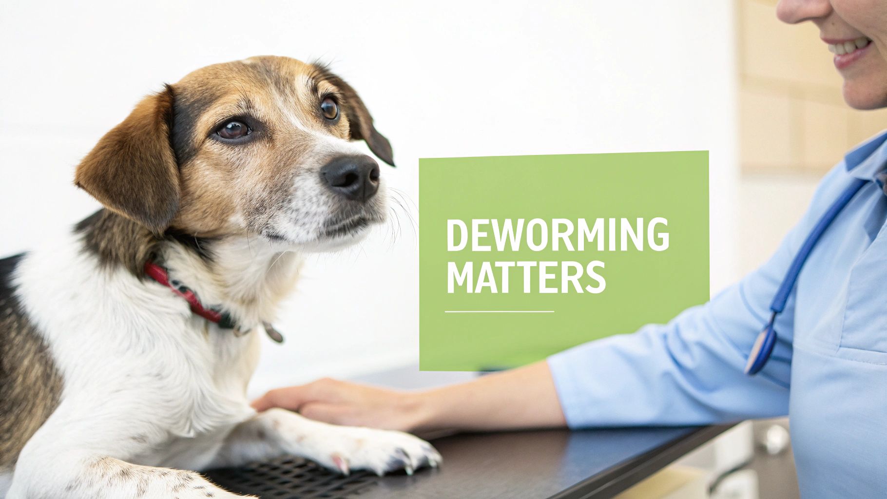 Veterinarian in blue scrubs consulting with dog about deworming treatment at clinic