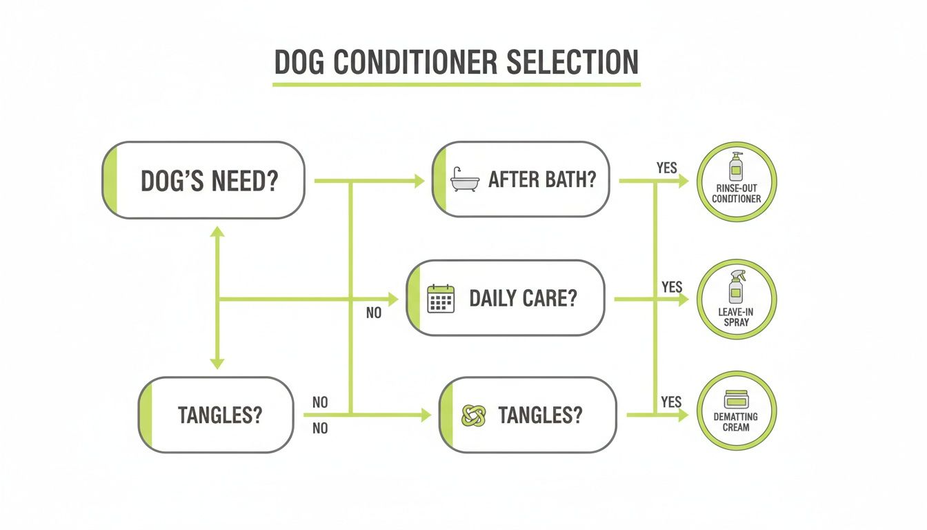 Flowchart guide for selecting the right dog conditioner based on needs like after bath or tangles.