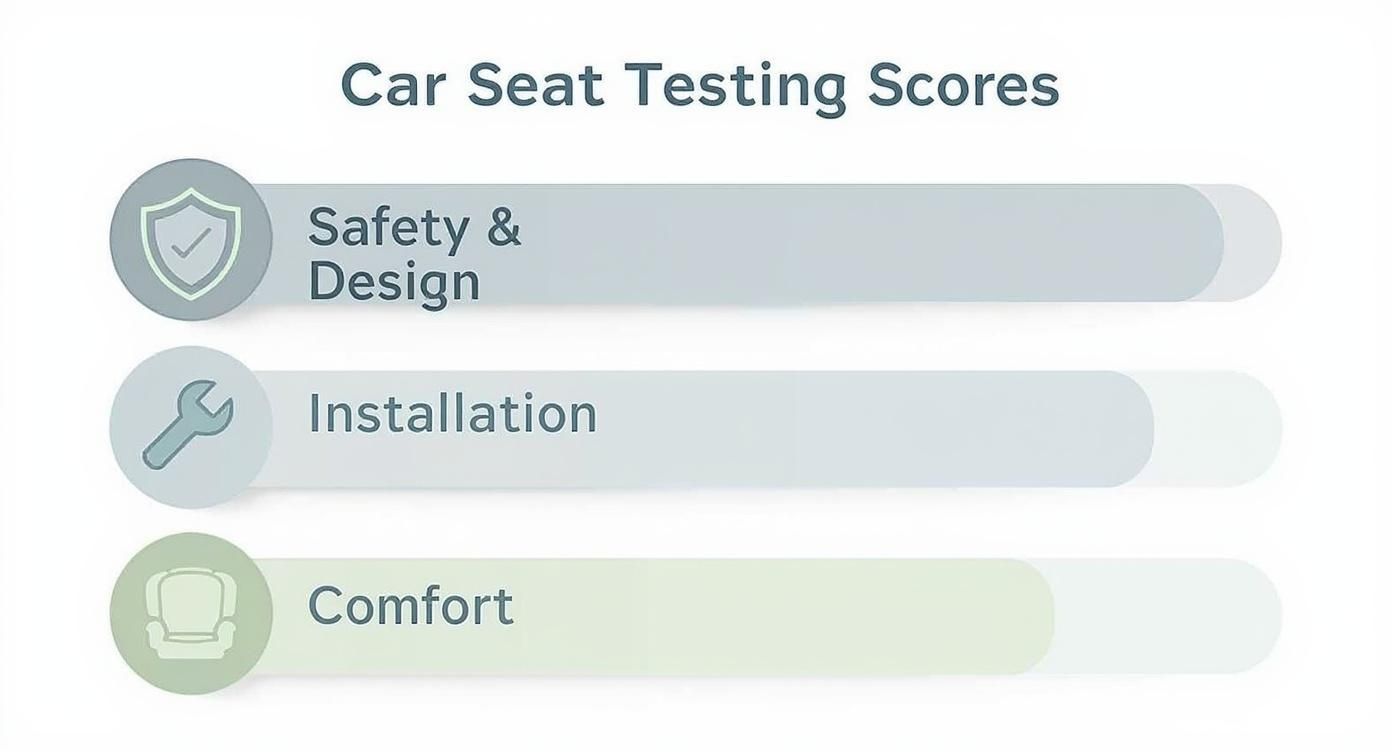 Infographic showing horizontal bar chart of dog car seat testing scores for Safety & Design, Installation, and Comfort, with muted blue and green colors.