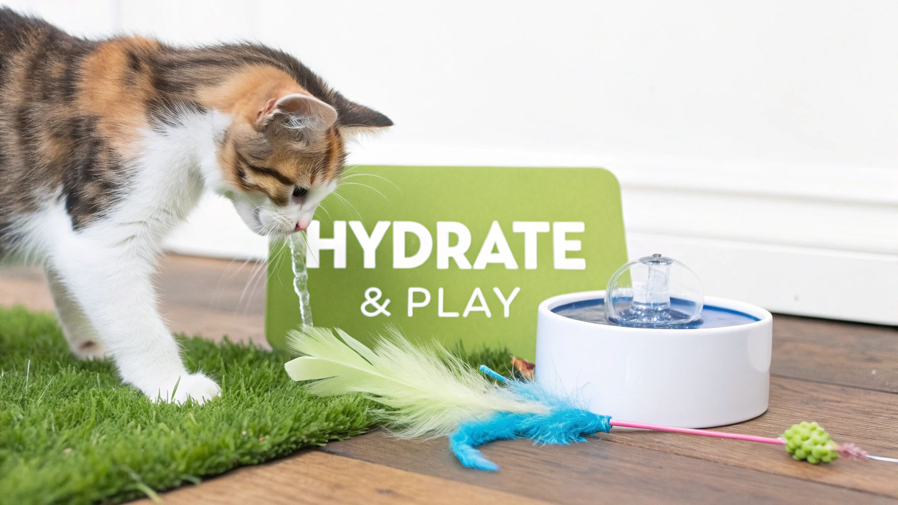 A cute calico cat drinks water from a pet fountain on a green mat with a feather toy nearby, next to a 'HYDRATE & PLAY' sign.