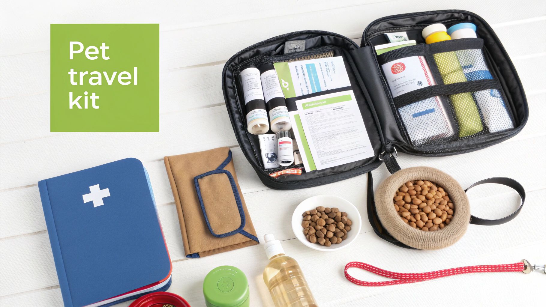 A well-organized pet travel kit with medications, documents, food, water, and first aid supplies.